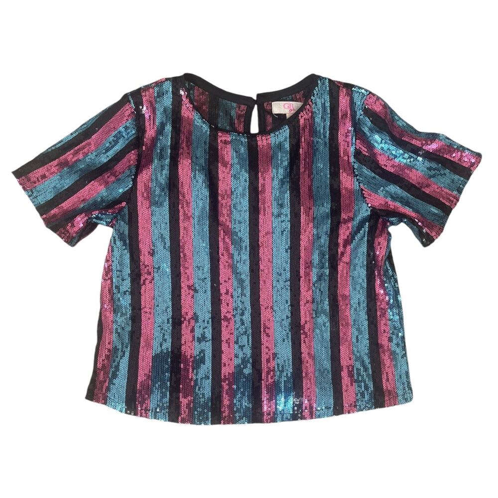 GB Girls sequins top black blue pink stripe Size Large